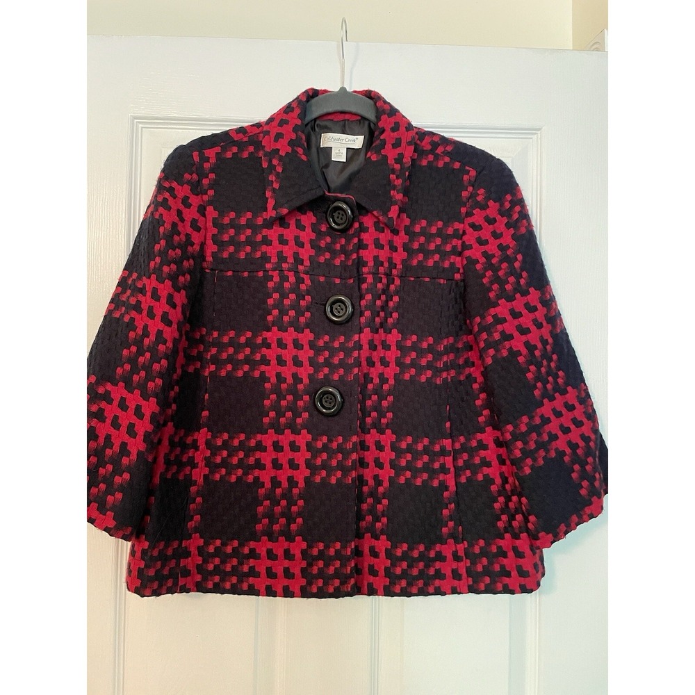 Coldwater Creek Jacket Blazer Size 4 Red Black Woven Career Women’s Plaid Lined